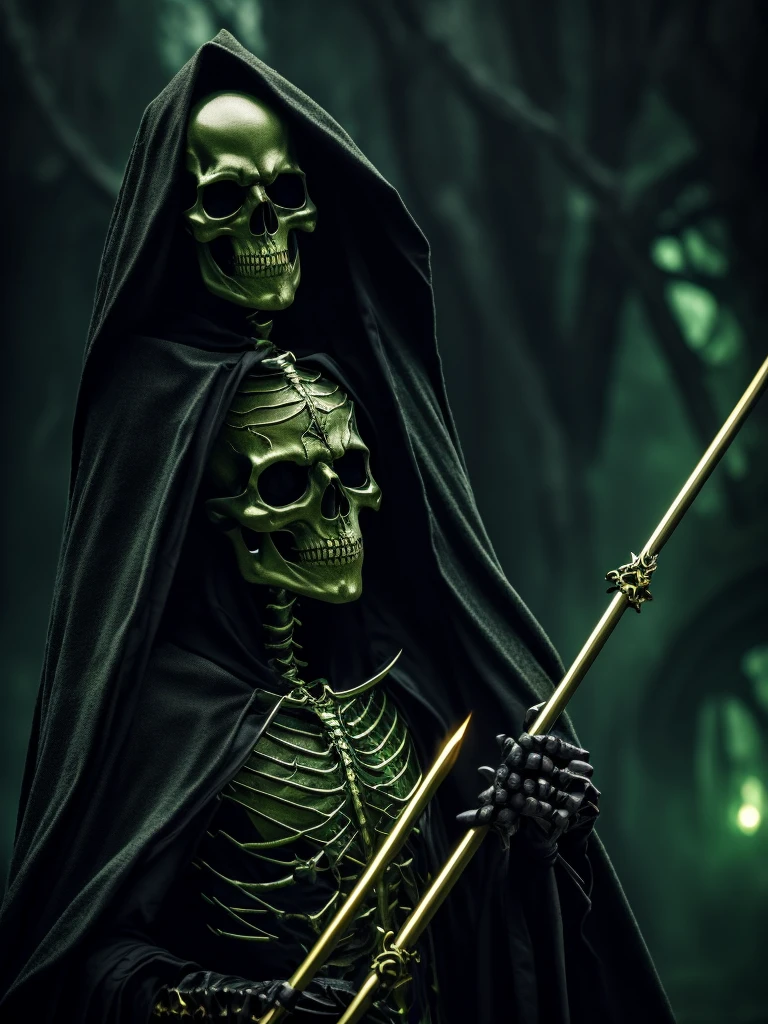 a skeletal character in a black cloak with golden details, holding a scythe made of green fire, piercing green eye, intricate details, dark fantasy, cinematic lighting, chiaroscuro, moody atmosphere, dramatic, highly detailed, masterpiece, 8k, photorealistic