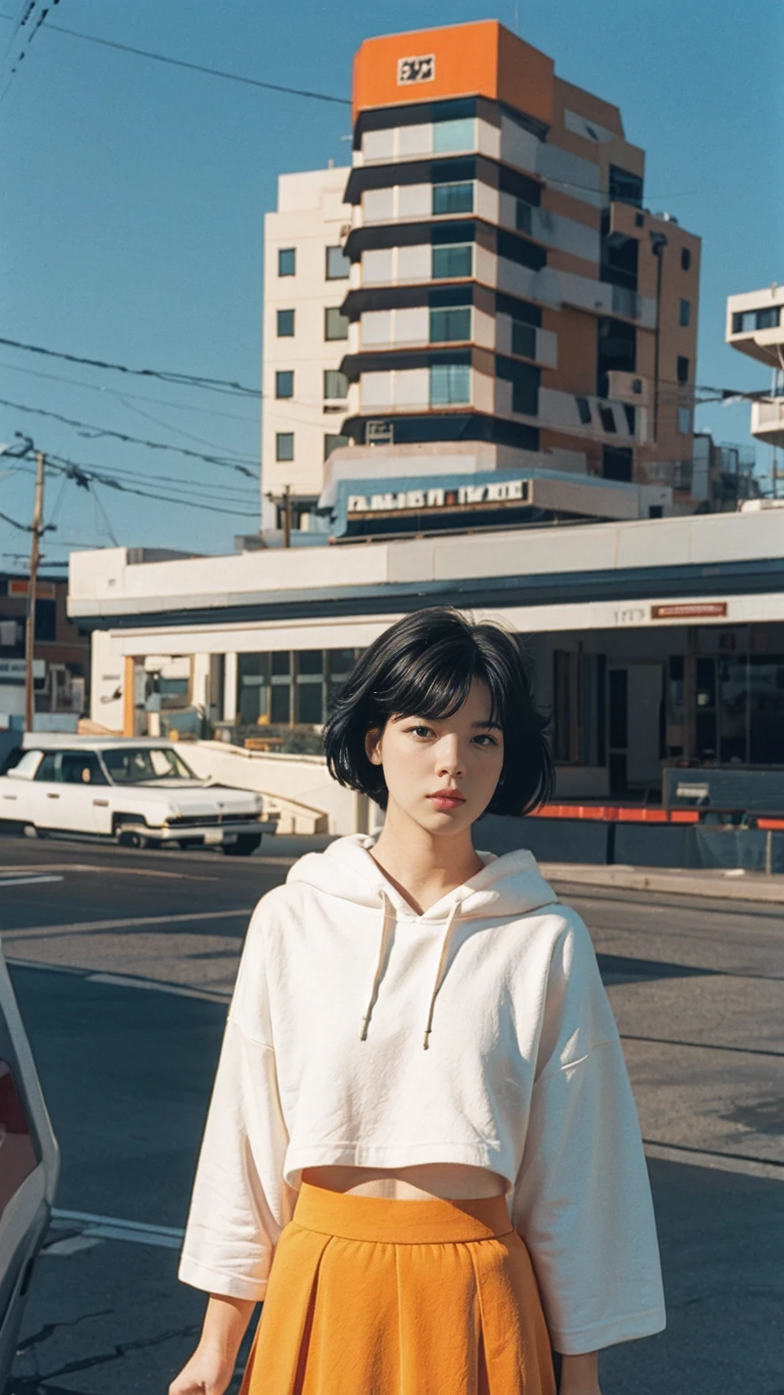 long shot portrait of cute 23 yo girl ,(perfect natural breast),wear ((orange color oversized hoodie)), wear ((purple tennis skirt)),looking viewer,Best Quality,Masterpiece,Ultra High Resolution,(Realisticity:1.4),Original Photo, 1Girl, light leak,ultra high resolution,UHD,beautiful, (black bob hair), almond eye, no makeup, in front of ((80's mondrian architecture motel)), (realistic:1.2), (surreal:1.3), (very detailed:1.1), ((masterpiece)),summer, blue sky, palm trees,sunny, los angles vibes,film camera, 800mm lens,style of Philip Lorca diCorcia,beautiful face, (realistic face), (black hair, short hair:1.3)