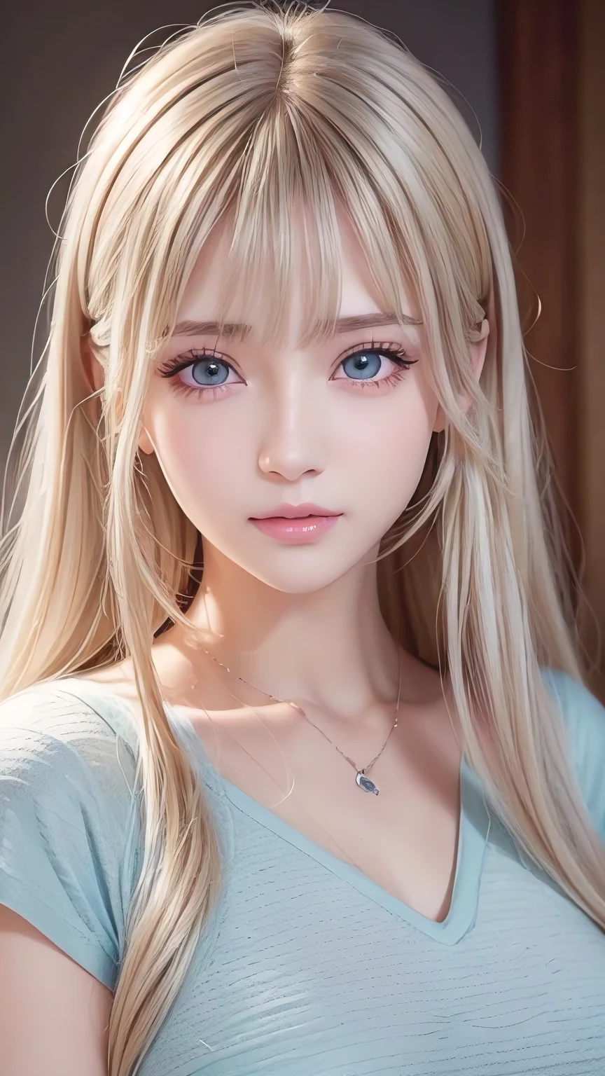 Dressed、(Photorealistic:1.4)、(ハイパーRealistic:1.4)、(Realistic:1.3)、(Smooth lighting:1.05)、(Improved cinematic lighting quality:0.9)、32k、1 Girl、A beautiful woman、Very cute expression、A beautiful blonde girl、bangs that fall on the face、Bangs left over the eyeessy bangs between the eyes and nose、Realistic top lighting、Backlight、Face Light、Super long silky platinum hair、Blonde rays、(Bright light:1.2)、(quality improvement:1.4)、(Highest quality realistic textured skin:1.4)、Very beautiful, detailed, shiny, very bright, mint blue, large eyes、Very big eyes、Detailed face、A careful eye for quality、(Tired, sleepy and satisfied: 0.0)、Face close up、T-Shirts、(Enhances the body line:1.1)、(Enhances the beauty of skin texture:1.1)、Cheek gloss highlighter、Small Face Beauty、Round face、Very white and bright skin