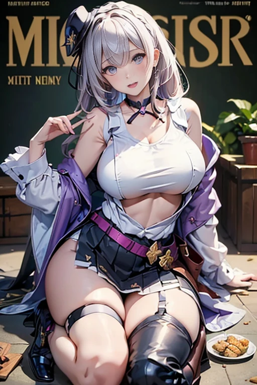 (masterpiece:1.2), (Military uniform magazine cover:1.4),best quality,PIXIV,Sweet girl , sexy posture,1girl, (perky chest:1.2), rolling upskirt by wind:1.6, (with sparkling eyes and a contagious smile),open mouth, (pointed chest:1.2),fishnets, black hair, boots, long hair, black nails, skirt, shirt, black footwear, bag, black skirt, jewelry, jacket,  thigh strap, bangs, necktie, earrings, nail polish, multicolored hair, looking at viewer, full body, bottle, own hands together, belt, jacket on shoulders, food, cats on head, ring, choker, english text, collared shirt, blue eyes, hat, lace-up boots ,masterpiece、highest quality、Very detailed、An illustration、Beautiful fine details、One Girl、cute、Detailed landscape、Training Room Background:1.4、Platinum Blonde Hair、Braided Ponytail、Red camisole、((c cup breasts, Tank top showing underboob:1.4))
