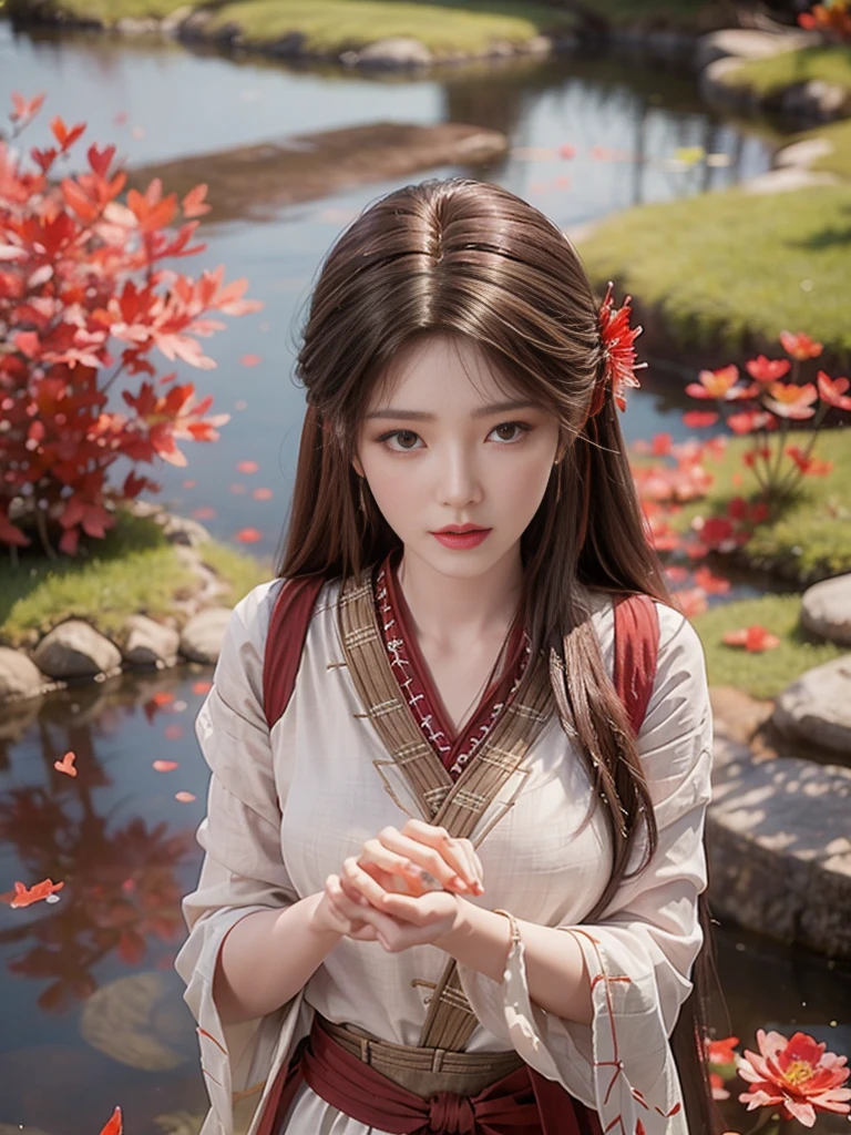The charm of soup,long black hair,Shoulder-length hair,Loose hair,red head rope,Brown eyes,Below the shoulders,standing in the pond,Exposed to white cheesecloth,Transparent tulle,Breasts are almost invisible,Firm breasts,Abstract gouache flowers:1.2),Pink petals background,Pink and white flowers flying(Reality:1.4),black hair,Falling leaves flutter,The background is very pure,Height light sheet