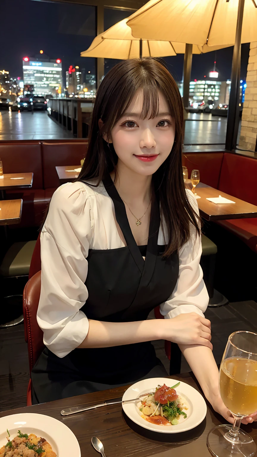 highest quality, masterpiece, 8K, ultra high resolution, (realistic: 1.4), beautiful face, symmetrical eyes, Japanese, 20 years old, brown hair, smile, wearing makeup, high-definition images, atmospheric perspective, super detail, accurate, best quality, (angle from under the table), Japanese , (2 girls:1.6), drooping eyes, sleepy face, blush, in the city, busy, skyscrapers, skirt, high heels, necklace, white blouse , restaurant with large windows, takes a seat, night scene, windows have harbor view, foods, romantic dinner , my lovers