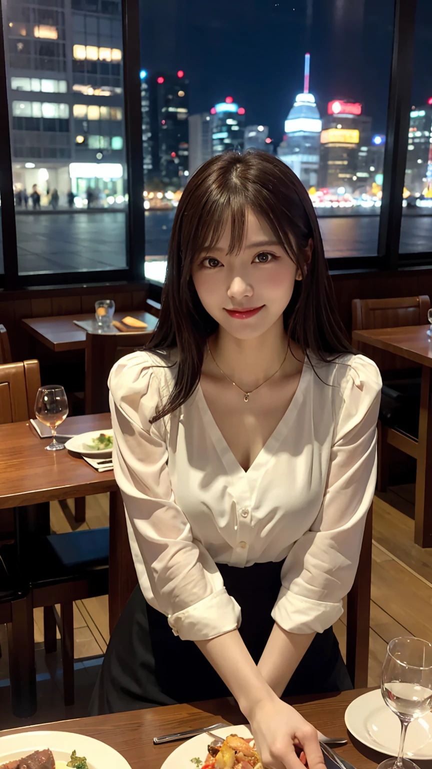 highest quality, masterpiece, 8K, ultra high resolution, (realistic: 1.4), beautiful face, symmetrical eyes, Japanese, 20 years old, brown hair, smile, wearing makeup, high-definition images, atmospheric perspective, super detail, accurate, best quality, (angle from under the table),  Japanese , (2 girls:1.6), drooping eyes, sleepy face, blush, in the city, busy, skyscrapers, skirt, high heels, necklace, white blouse , restaurant with large windows, takes a seat,  night scene, windows have harbor view, foods, romantic dinner , my lovers 