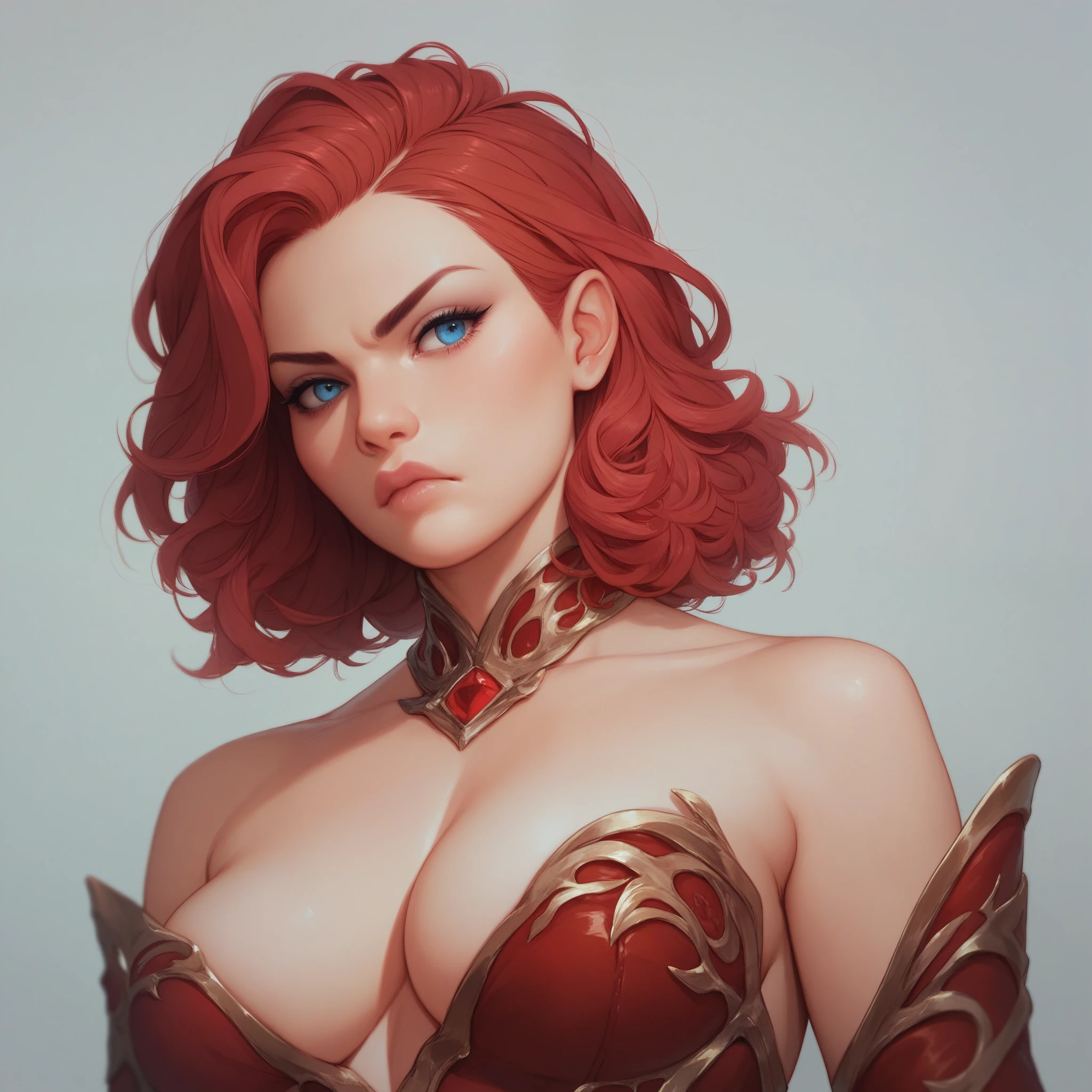 Beautiful tall woman with red hair and blue eyes, a beautiful red pout super realistic and detailed suit outfit