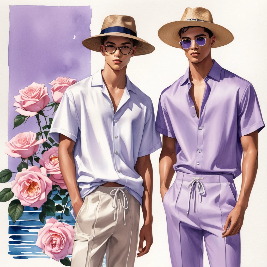 candid fashion illustration of young Mixed race 2man, both aged 18-23 year old, ((showcase fashion look book in linen outfits)), the design inspired of Blue River rose by, in elegant chic style. The man wears an oversized short-sleeved shirt with a minimal rose embroidery details, paired with relaxed-fit white Short with Drawstring, He completes his look with white sneakers and round glasses. The boyfriend complements him in a skinny fitted speedo in a stripe pattern, semi bulge, He resemble includes an accessorizes with a brimmed straw hat and white sneakers, Captured in a low angle, ((full-body image)), ((roses motifs background)), fashion sketching, realistic drawing, ((imperfect water color drawing background)), fashion look book, fashion illustrator, fashion sketch design, gay, gay couple, Blue River Rose, a deep mauve or lavender color, often described as a silvery-lavender or lilac hue. This unique color can sometimes appear to have a bluish tint under certain lighting conditions, but it remains within the purple spectrum rather than a true blue.