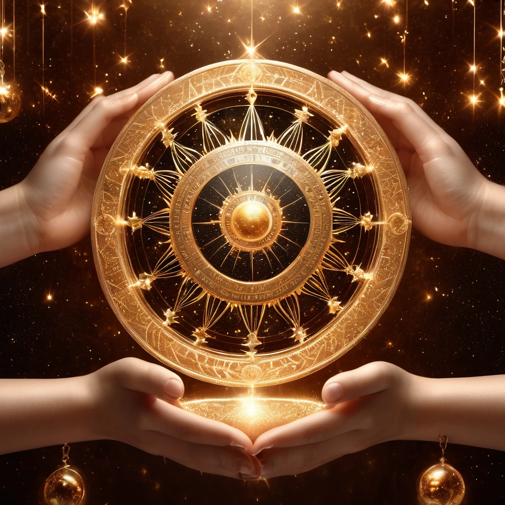 3D image of astrological horoscope circle on cupping hands, best quality, masterpiece, high quality, extremely detailed CG unity 8k wallpaper, delicate background, luminous particles, complex details, Sacred geometry, Astrologer, 1 older female,