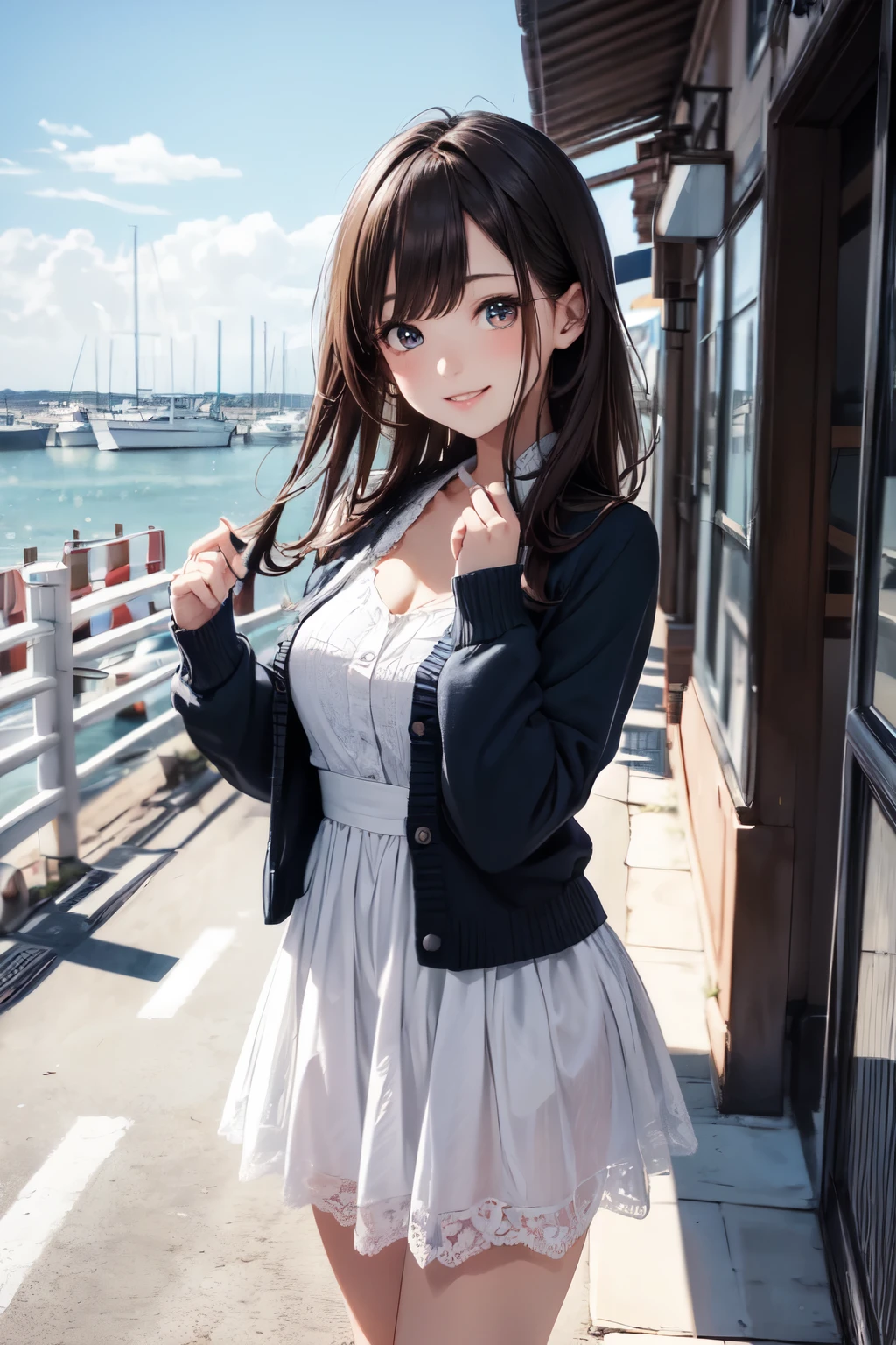 very cute and beautiful girl,(highly detailed beautiful face and eyes),
frilled white summer dress with detailed lace,(navyblue cardigan),standing,
road side of seaside town street,harbor,marina,beautiful summer sky,
(smile:1.2),happy,black hair,mid shot,holding cute fashion bag,detailed legs,
(best quality,masterpiece),absurdres,highres,ultra-detailed,extremely detailed,32k,8k resolution,
intricate details,cinematic scene,detailed background,solo,dynamic angle,