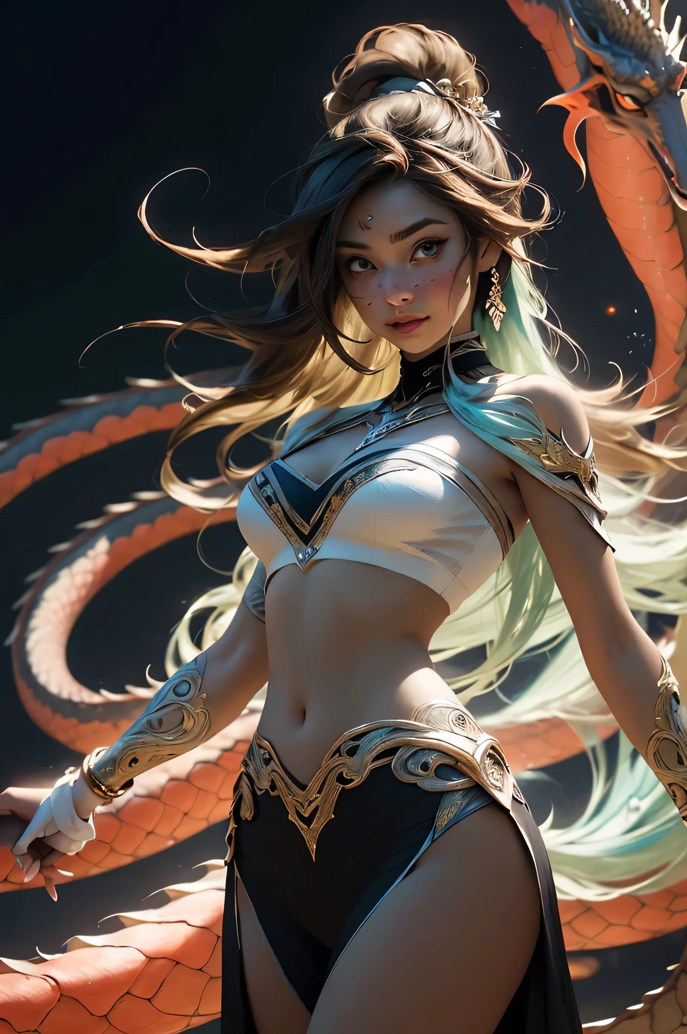 Full body shot, ((masterpiece))), (((best quality))), ((ultra-detailed)), (hyperrealistic), (highly detailed CG illustration), ((an extremely delicate and beautiful)), create a stunning anime artwork that is currently trending on ArtStation, showcasing exquisite beauty and captivating aesthetics.
The character in the artwork is a graceful and enchanting figure, young, radiating an aura of elegance. Pay close attention to intricate facial features, such as mesmerizing eyes with vibrant colors and delicate shading. Hair (((Light brown hair, long free flowing hair, floating in the air, wrapped around her))). sexy, seductive,glowing sword in hand, fighting pose.
The character's clothing should be designed with elaborate patterns, flowing see-through fabrics, and rich textures, reflecting a blend of fantasy and contemporary fashion. transparent clothing, bare chest, cleavage, bare stomach, bare shoulders. turquoise, black and white colour scheme. dramatic lighting, light particles. lens flare,
Captivating ethereal environment that enhances the overall appeal of the artwork. a mystical realm filled with magical elements. Incorporate vibrant colors, dynamic lighting, and detailed background elements to create a sense of depth and immersion. action pose. growling face.
Consider the latest trends in anime art, such as incorporating unique lighting effects, exploring creative composition techniques, or experimenting with unconventional color palettes. A dragon circles behind her
Take inspiration from the top artists on ArtStation and their exceptional execution of various art styles and themes. Camera: Choose an angle that highlights the character's beauty and the immersive environment. Lighting: Utilize atmospheric lighting techniques to create depth and mood. Resolution: Aim for a high-resolution artwork to showcase intricate details and clarity. Art Inspirations: Seek inspiration from the trending artists on ArtStation, exploring different styles, genres, and themes.