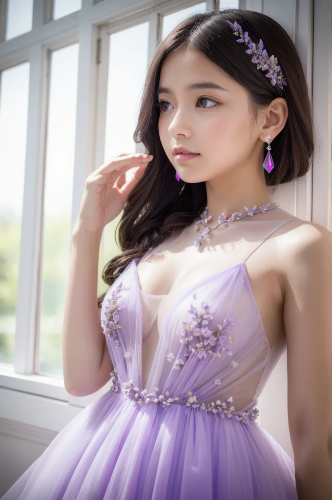 Rial photo, 8k uhd, dslr, soft lighting, high quality, film grain, Fujifilm XT3, close up low angle shot beautiful faceted transparent lavender color crystal dress which a girl wears with crystals looking out of the dress, cinematic photo, 18mm f/11 photograph, film, bokeh, professional, 4k, highly detailed, colorful