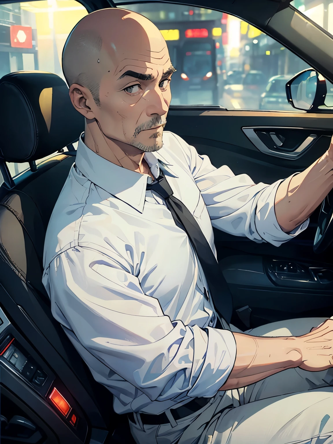 53-year-old taxi driver、Are thin、Bald、White shirt、tie、Grey slacks、Detailed facial expressions、driving seat、Dark and mysterious atmosphere at night、Angle from the front