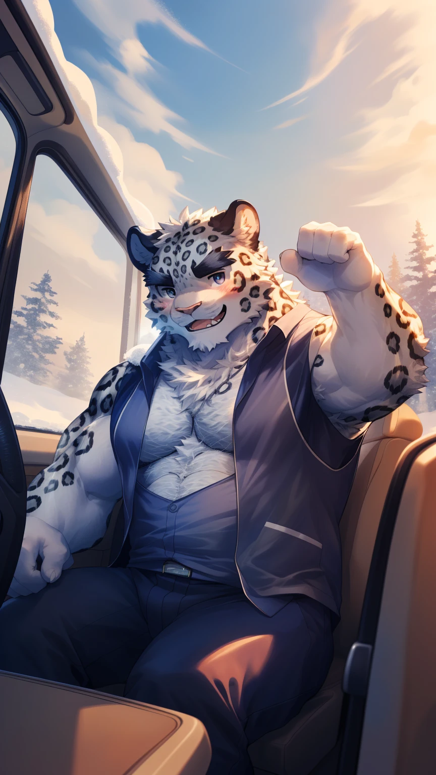 (Vision:1.5), solitary, anthropology, hairy, hairy male, snow leopard, ((Fluffy fur, Fluffy, hairy body)), (snow leopard print), (Thick eyebrows), youth, muscular, Blue-gray pupils, Detailed teeth, defaced face, fundos, driver, Gray purple vest, cab里, Driving, front, Shy expression, A faint smile, blush, (Dynamic poses:1.5), Clear facial features, Strong, majestic, alone, panoramic, Fog atmosphere, early morning, Tyndall light effect, cab, Sunlight through the car window, (By Empty Ghost, From snow leopard20, masterpiece, high quality, high resolution,8K)