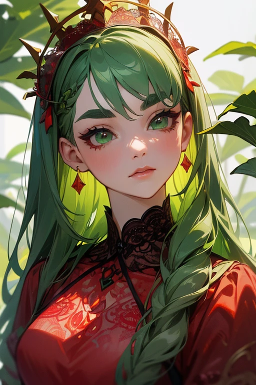 (Highest quality, masterpiece:1.2), High resolution, Very detailed, Realistic:1.37, Fantasy, An illustration, Green Eyes、Queen, ((Red lace swimsuit)).Platinum decoration、beautifully、Eyeshadow Red、Thick eyebrows、Long eyelashes、pupils are black、Her hair is dark green、Gold crown、Kissing Face、Embarrassing、Beloved by the crowd、Hair is green、Braiding、hair ornaments、((Eat a leaf salad)).The image of the face remains the same、