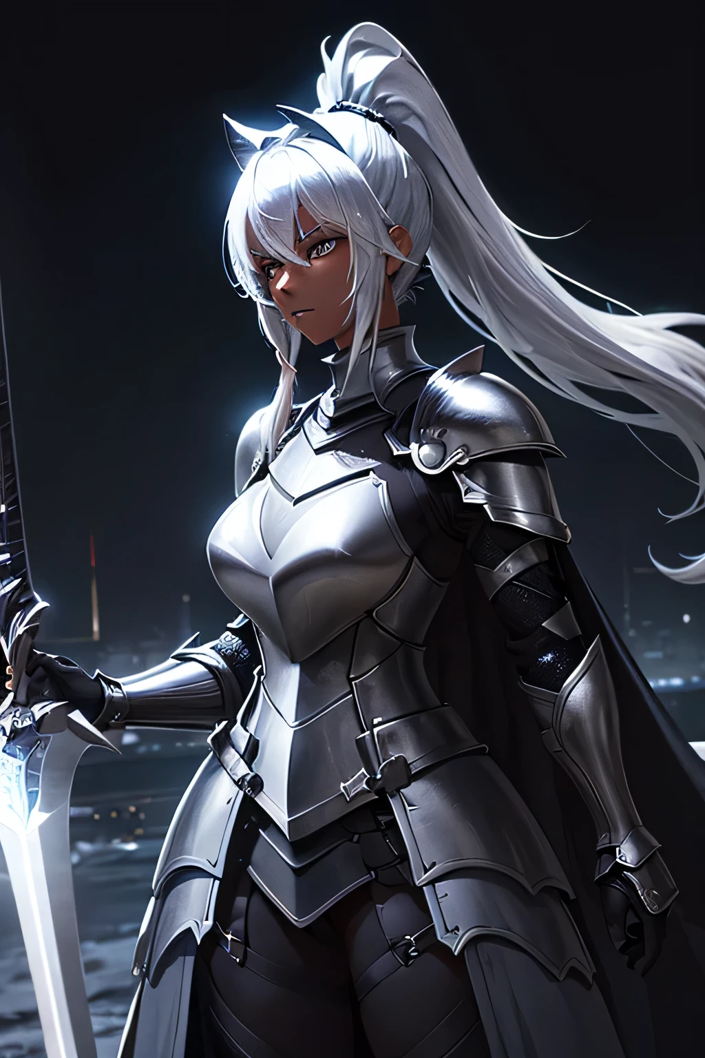 Beautiful 20 year old woman, (((Silver ponytail))),(((Dark Skin)))、Dark Knight,(((Black Armor)))、Swinging the Sword、In the Dark