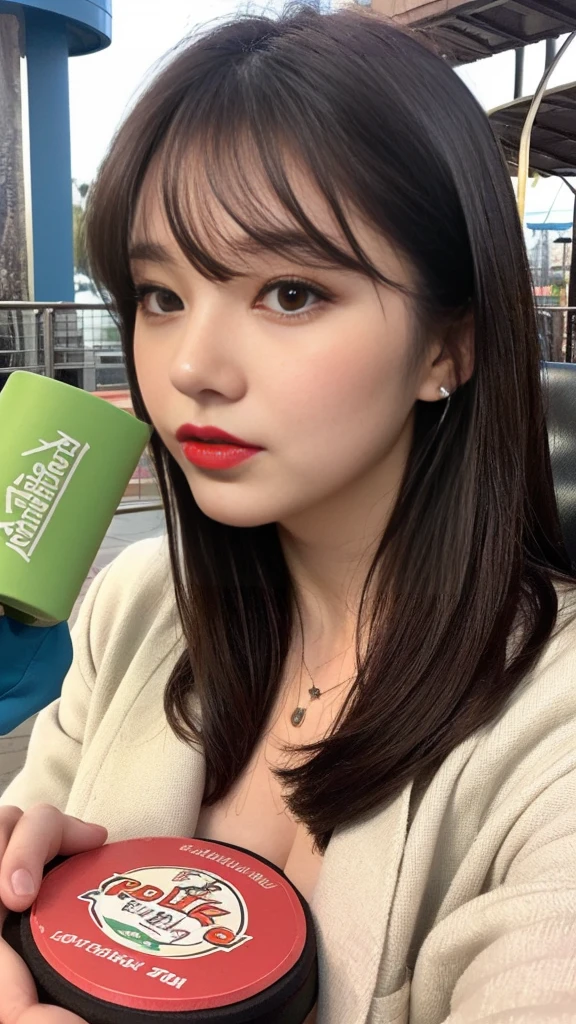 (Highly detailed CG Unity 8k wallpaper)、(masterpiece)、(Highest quality)、(Super detailed)、(Best illustrations)、(Best Shadow)、Ultra-high resolution、(Real、Photorealistic:1.2)、(Kyoko Otonashi of the Reiwa Era:1.4)、(Long hair with bangs that fall on the forehead:1.4)、(Tie your hair up:1.2)、(Large Breasts:1.1)、(Dressing up for a date:1.2)、(Stadium jacket and jeans:1.2)、((Ride a roller coaster:1.4))、(amusement park:1.2)、(Red Lip:1.4)、The posture is relaxed、Using lighting and shadows、Emphasizing three-dimensionality and realism、Please express natural light reflection、Puffy eyes、Close-up、Cloudy soft light、(Upper Body:1.4)