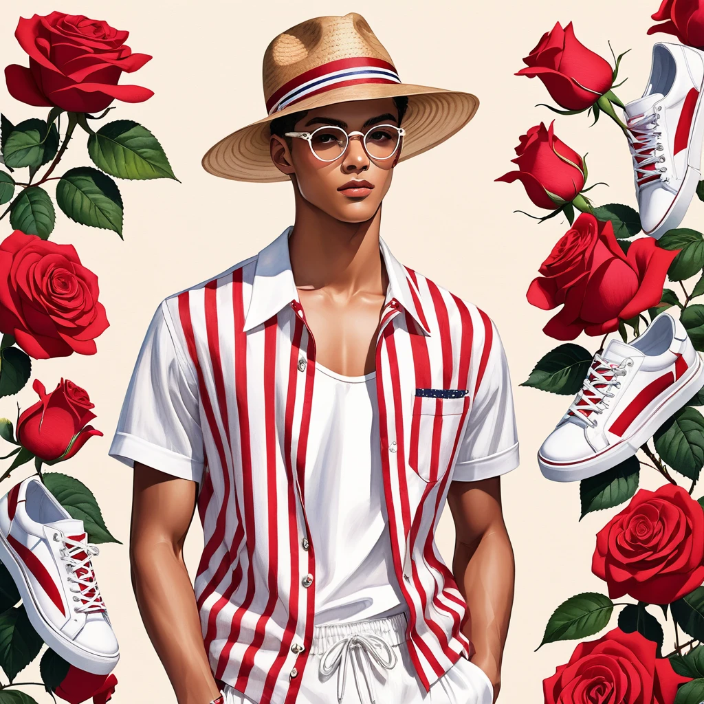 candid fashion illustration of young Mixed race 2man, both aged 18-23 year old, ((showcase fashion look book in linen outfits)), the design inspired of he Stars 'n' Stripes rose by Miniature Rose, in elegant chic style. The man wears an oversized short-sleeved shirt with a minimal rose embroidery details, paired with relaxed-fit white Short with Drawstring, He completes his look with white sneakers and round glasses. The boyfriend complements him in a skinny fitted speedo in a stripe pattern, semi bulge, He resemble includes an accessorizes with a brimmed straw hat and white sneakers, Captured in a low angle, ((full-body image)), ((roses motifs background)), fashion sketching, realistic drawing, ((imperfect water color drawing background)), fashion look book, fashion illustrator, fashion sketch design, gay, gay couple, Stars 'n' Stripes rose, features vibrant red and white striped petals. Each bloom showcases a mix of solid red, solid white, and striped petals, creating a distinctive and eye-catching appearance