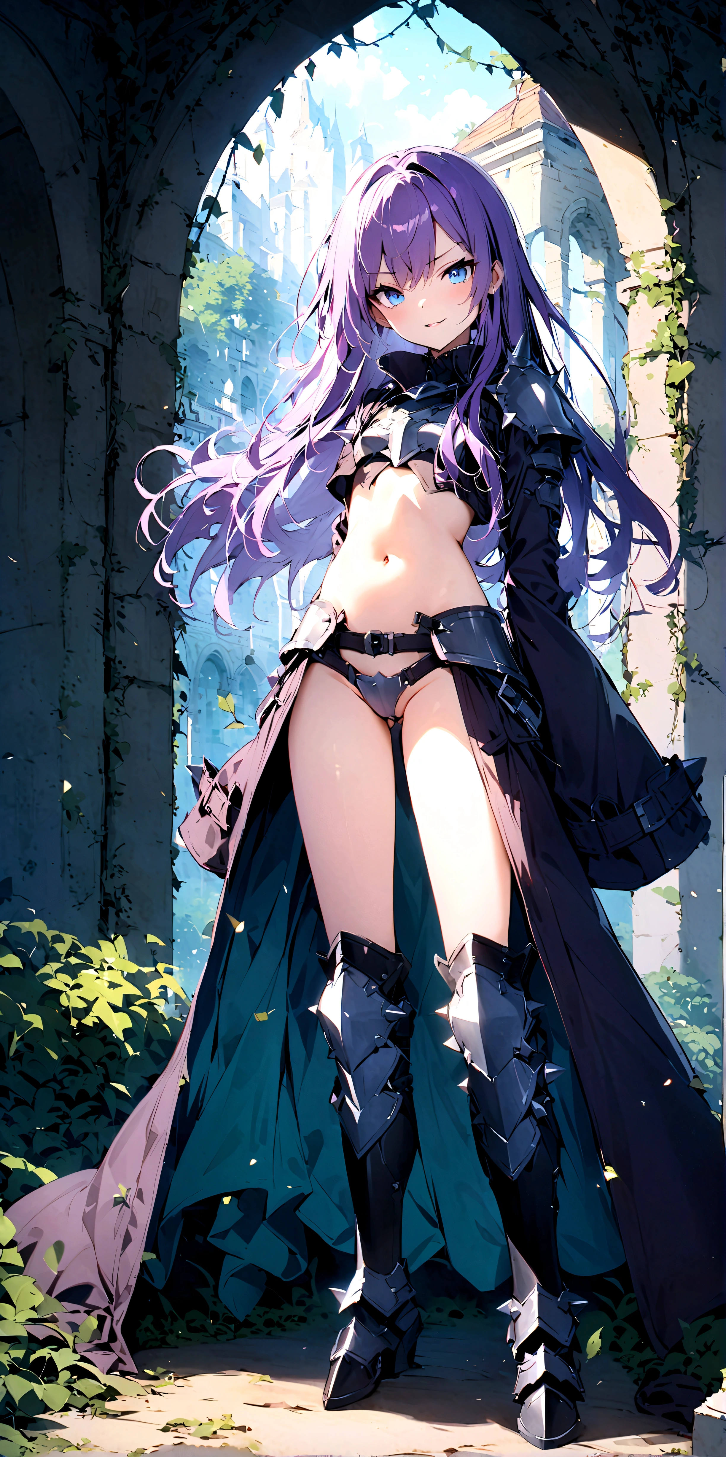 score_9, score_8_up, score_7_up, source_anime, 1girl, solo, looking at viewer, long hair, purple hair, flat chest, ribbon, trench coat, high collar, navel, long sleeves, wide sleeves, sleeves past fingers, waist cape, armor, crotch plate, greaves, spikes, evil smile, outdoors, architecture, pillar, bush, (nature:0.9), vines, scenery, overgrown, arms behind back, blue eyes, arch, blue sky, parted lips