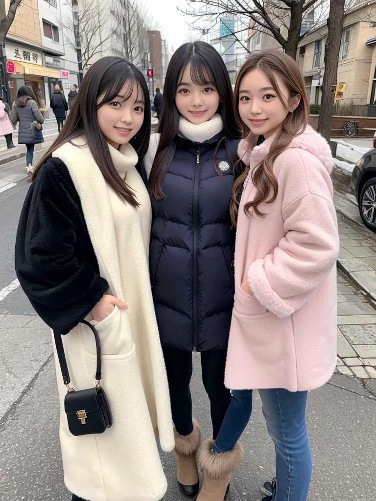 Group photo of female college students、knit、fluffyの毛皮。fluffy。Three beautiful Japanese girls 、Outside in the middle of winter、Winter coat、Heavy coat、Fur Cape、Fur Cuffs