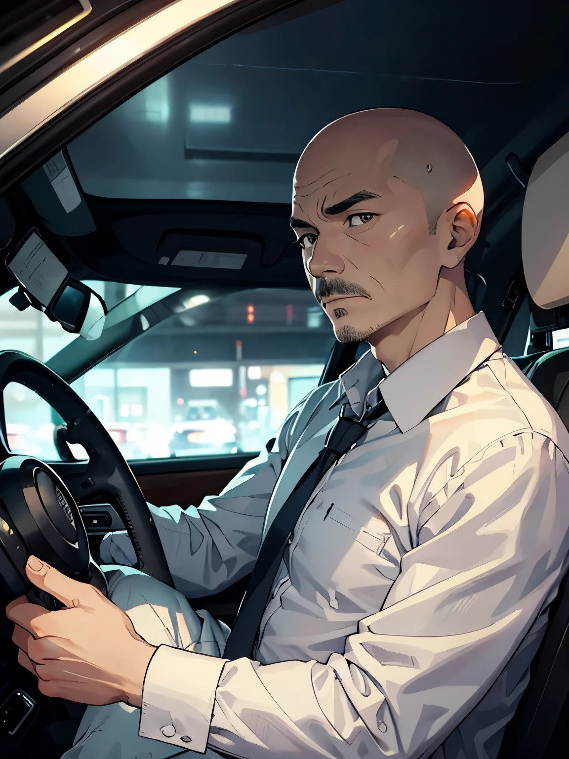 47-year-old taxi driver、Are thin、Bald、White shirt、tie、Grey slacks、Detailed facial expressions、driving seat、Dark and mysterious atmosphere at night
