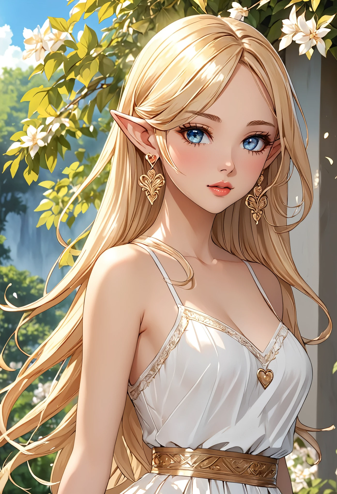 1 girl, Beautiful elf lady, blonde Long straight hair, upturn elf pointy ears, sexy figure, hot body, very beautiful face, detailed face, delicate eyes, detailed pupil, beautiful and delicate lips, blush, shy, heart, in love, white camisole long skirt, Simple and stylish, small crystal earrings, hand drawn animation, high detailed, outdoor, symmetrical clothes, best quality, masterpiece, retina,