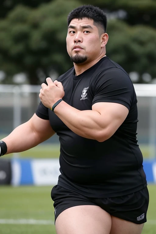 A large Japanese man wearing a tight black T-shirt、whole body、Rugby last week、Thick legs、Thick arm muscles、Intimidating、whole body