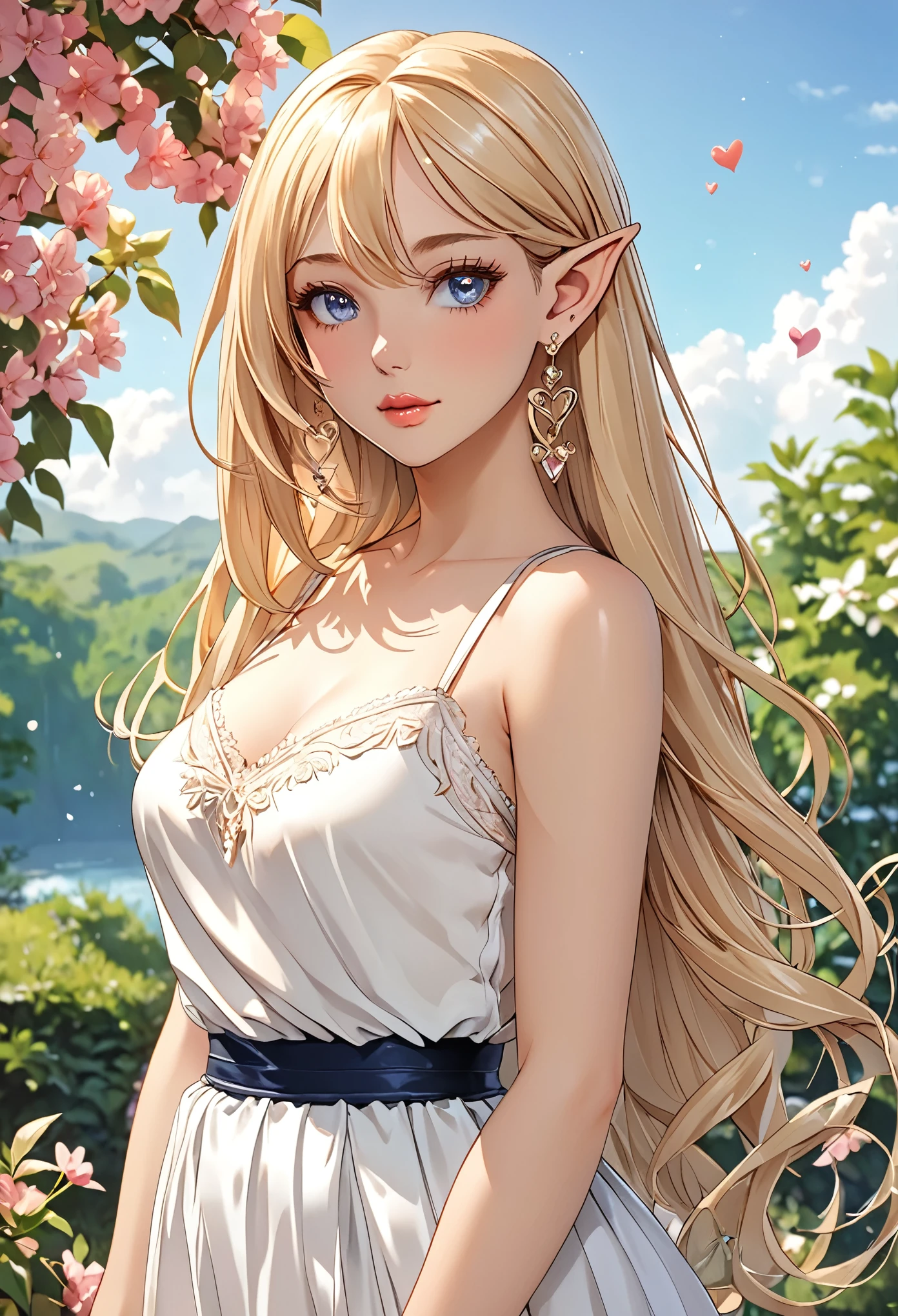 1 girl, Beautiful elf lady, blonde Long straight hair, upturn elf pointy ears, sexy figure, hot body, very beautiful face, detailed face, delicate eyes, detailed pupil, beautiful and delicate lips, blush, shy, heart, in love, white camisole long skirt, Simple and stylish, small crystal earrings, hand drawn animation, high detailed, outdoor, symmetrical clothes, best quality, masterpiece, retina,