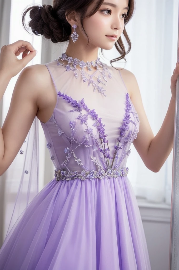close up low angle shot beautiful faceted transparent lavender color crystal dress which a woman wears with crystals looking out of the dress,