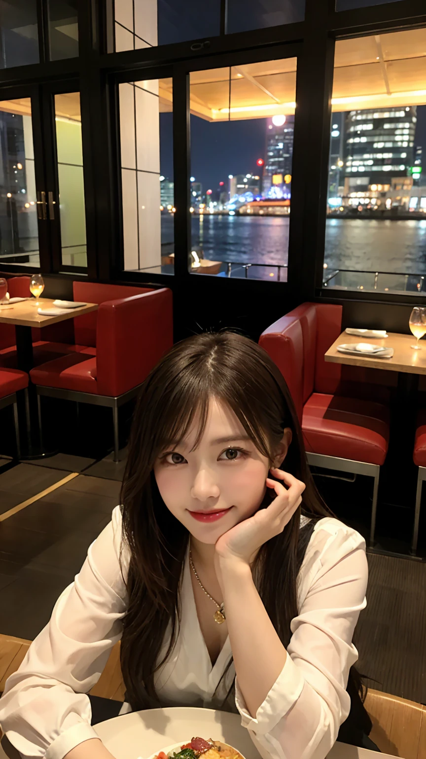 highest quality, masterpiece, 8K, ultra high resolution, (realistic: 1.4), beautiful face, symmetrical eyes, Japanese, 20 years old, brown hair, smile, wearing makeup, high-definition images, atmospheric perspective, super detail, accurate, best quality, (angle from under the table), Japanese , (2 girls:1.7), drooping eyes, sleepy face, blush, in the city, busy, skyscrapers, skirt, high heels, necklace, white blouse , restaurant with large windows, takes a seat, night scene, windows have harbor view, foods, romantic dinner