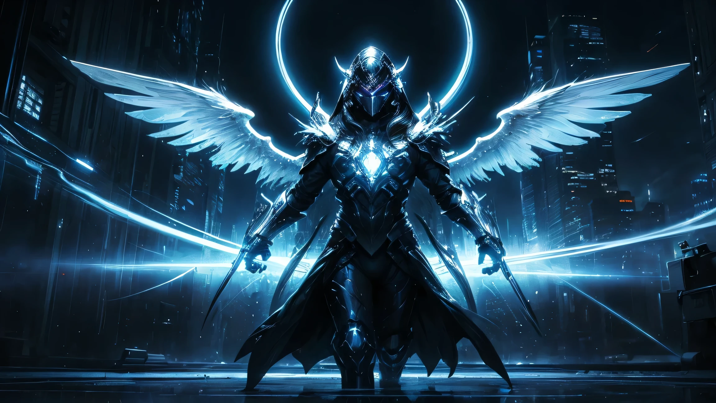 ((masterpiece, Highest quality, Best image quality, High resolution、4k)) One evil black masked angel、Glowing white wings、Glowing halo、Big sword、Cyberface。Flowing White Cyber Robe、god々Shining with a bright light。Shiny advanced cybernetic enhancements. Seen in dynamic action poses, reflection on a smooth surface. The cityscape below is filled with towering skyscrapers., illuminated by colorful holographic advertisements, Shining with blue energy, Mighty power. The overall atmosphere is dark and mysterious., It had a futuristic techno vibe.. The lighting is dramatic, Intense highlights and deep shadows, Creates depth and tension
