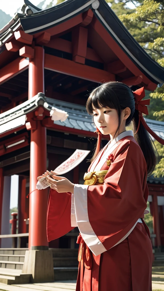A shrine maiden who brings good luck is performing a blessing dance at the shrine