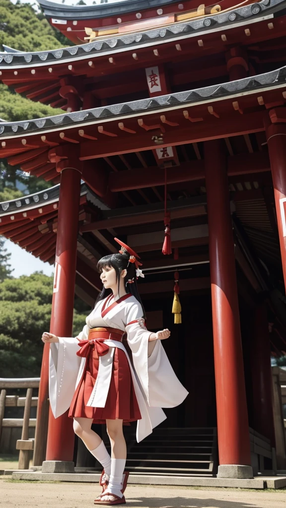 A shrine maiden who brings good luck is performing a blessing dance at the shrine