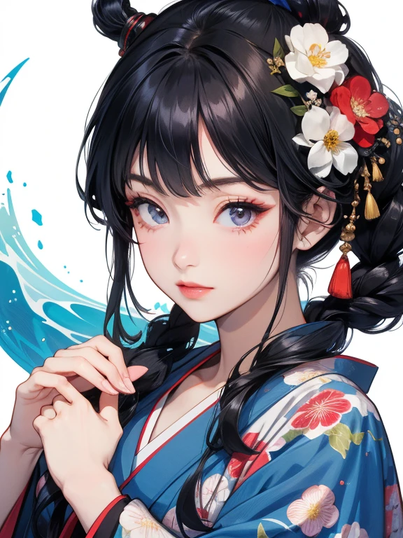 (Highest quality、masterpiece、8K)、Ukiyo-e、Vibrant colors、Katsushika Hokusai、1 female、Black hair Japanese topknot、The kimono has a vivid floral pattern on a white background.、Official Art、背景はUkiyo-e風、White waves and Mt. Fuji、White waves and the moon