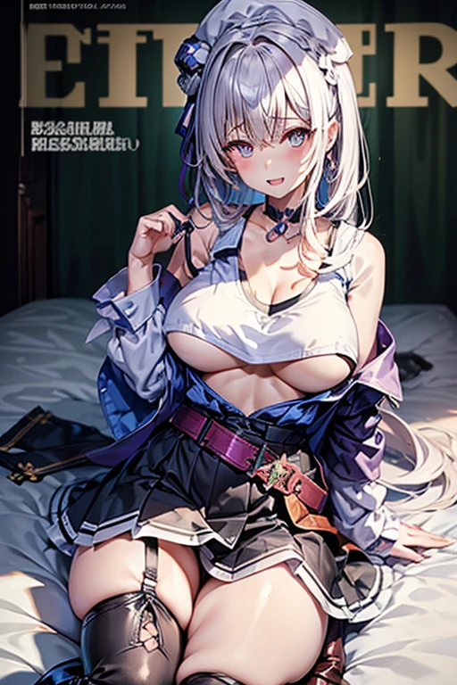 (masterpiece:1.2), (Military uniform magazine cover:1.4),best quality,PIXIV,Sweet girl , sexy posture,1girl, (perky chest:1.2), rolling upskirt by wind:1.6, (with sparkling eyes and a contagious smile),open mouth, (pointed chest:1.2),fishnets, black hair, boots, long hair, black nails, skirt, shirt, black footwear, bag, black skirt, jewelry, jacket, thigh strap, bangs, necktie, earrings, nail polish, multicolored hair, looking at viewer, full body, bottle, own hands together, belt, jacket on shoulders, food, cats on head, ring, choker, english text, collared shirt, blue eyes, hat, lace-up boots ,masterpiece、highest quality、Very detailed、An illustration、Beautiful fine details、One Girl、cute、Detailed landscape、Training Room Background:1.4、Platinum Blonde Hair、Braided Ponytail、Red camisole、((c cup breasts, Tank top showing underboob:1.4))
