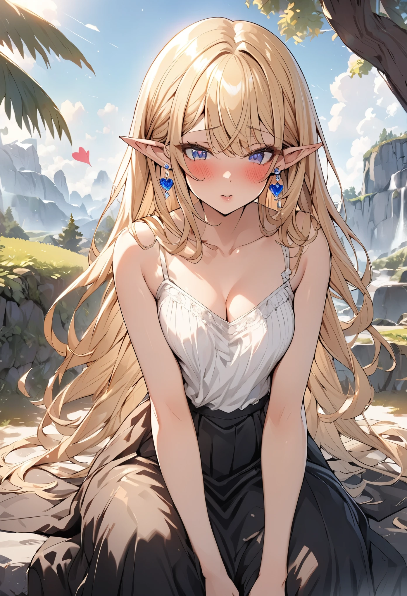 1 girl, Beautiful elf lady, blonde Long straight hair, upturn elf pointy ears, sexy figure, hot body, very beautiful face, detailed face, delicate eyes, detailed pupil, beautiful and delicate lips, blush, shy, heart, in love, white camisole long skirt, Simple and stylish, small crystal earrings, hand drawn animation, high detailed, outdoor, symmetrical clothes, best quality, masterpiece, retina,
