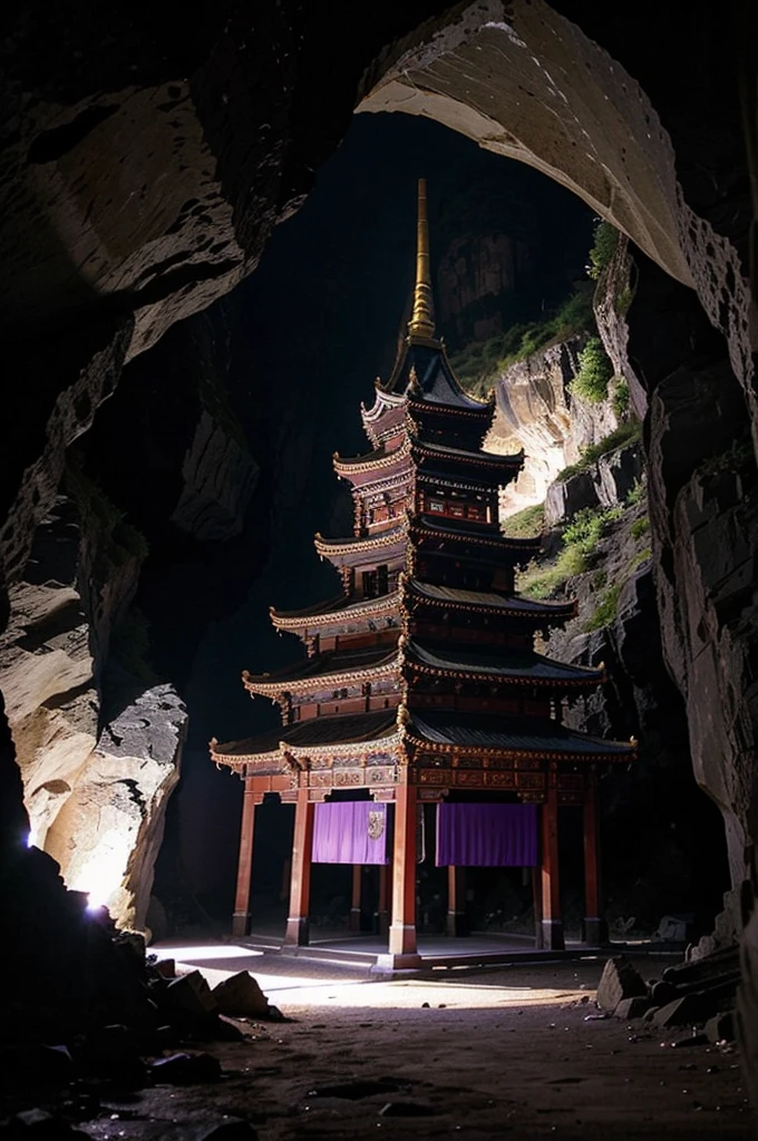 Giant Asian-Chinese style castle, inside a cave deep in the mountain there are a few streaks of purple light.