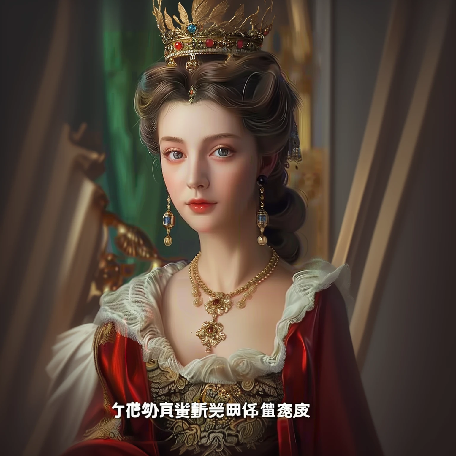 Close-up of a woman wearing a crown and necklace, Rococo Queen, Baroque Digital Painting, Renaissance Digital Painting, Rococo style portrait, Like an elegant lady, portrait of a princess, Exquisite aristocrat, Elegant digital painting, 17th Century Duchess, Detailed 4k, Renaissance Realist Portraits, Beautiful portrait, royal portrait, Rococo Portrait
