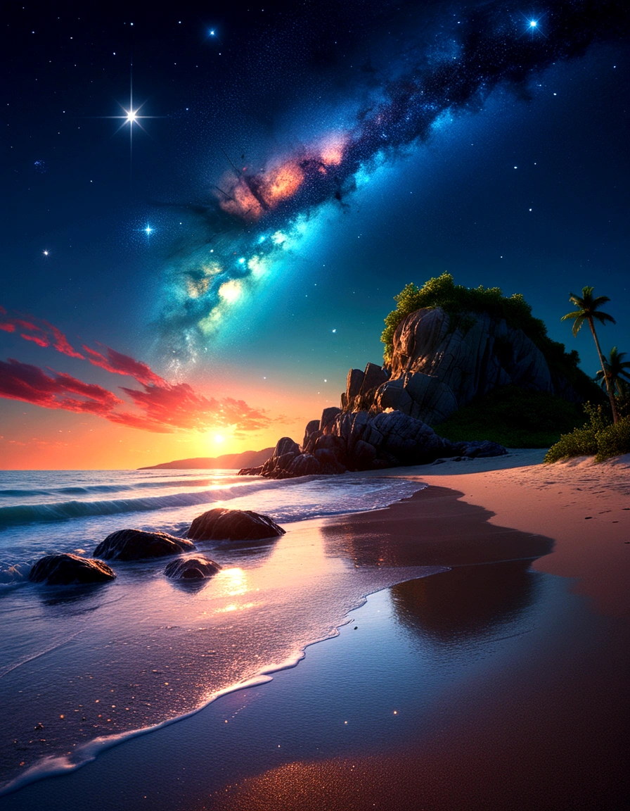 Phil Koch's artwork, Meghan Howland 蓝眼睛 number ral-epochelves 夏日风景插图 日落结束 亮度, The night sky becomes alive,Eyes instead of the moon,fascinate you, Surrounded by a network of stars, Nebulae and cosmic dust. In this cosmic scene, depicts a tranquil beach,The sea is sparkling, Rich and symmetrical reflections of sparkling nebulae and glowing star points. complex realistic background, Dynamic lighting, number, Very detailed and complex