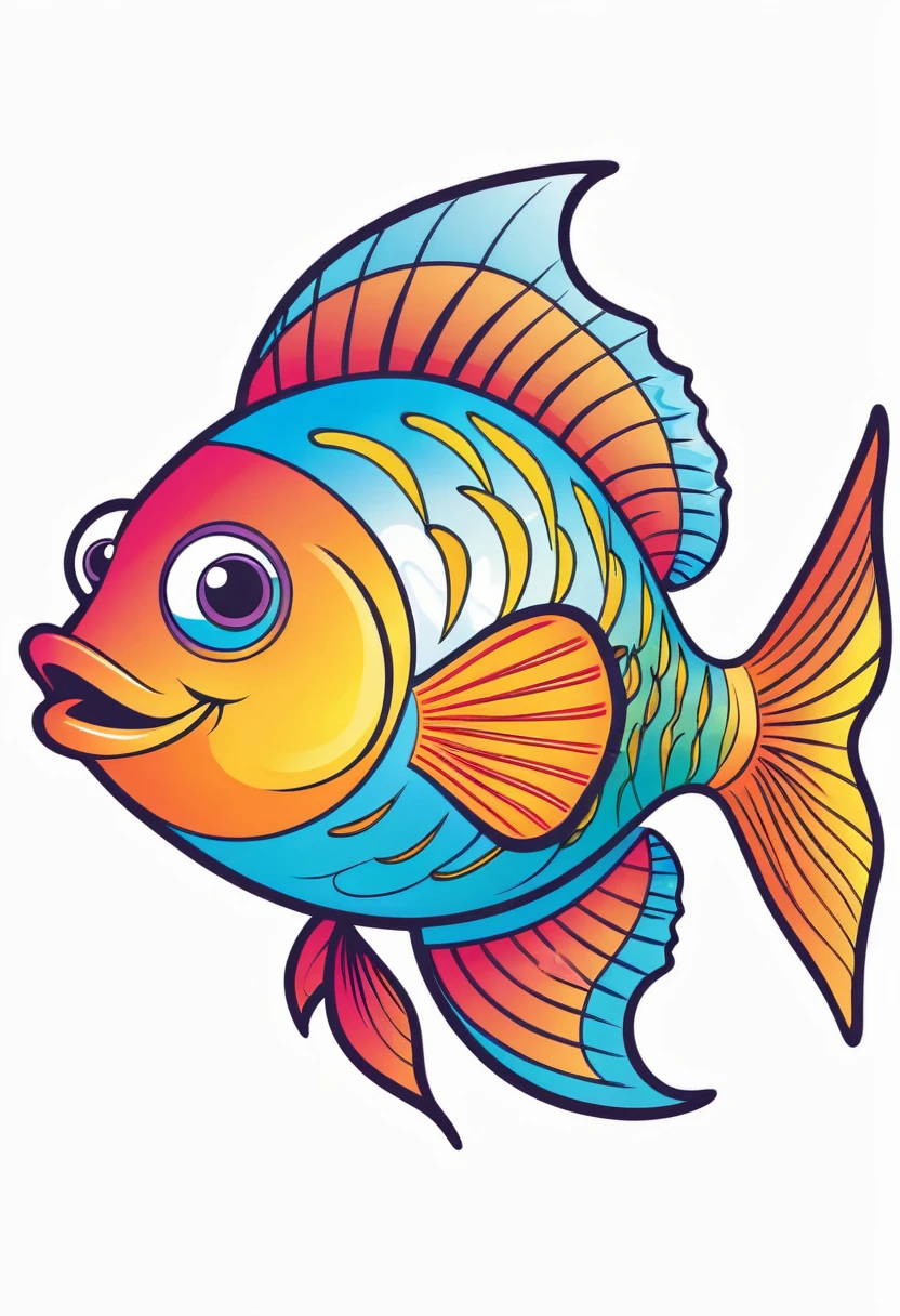 happy multicolored fish, Storybook style, outline, vector, white background