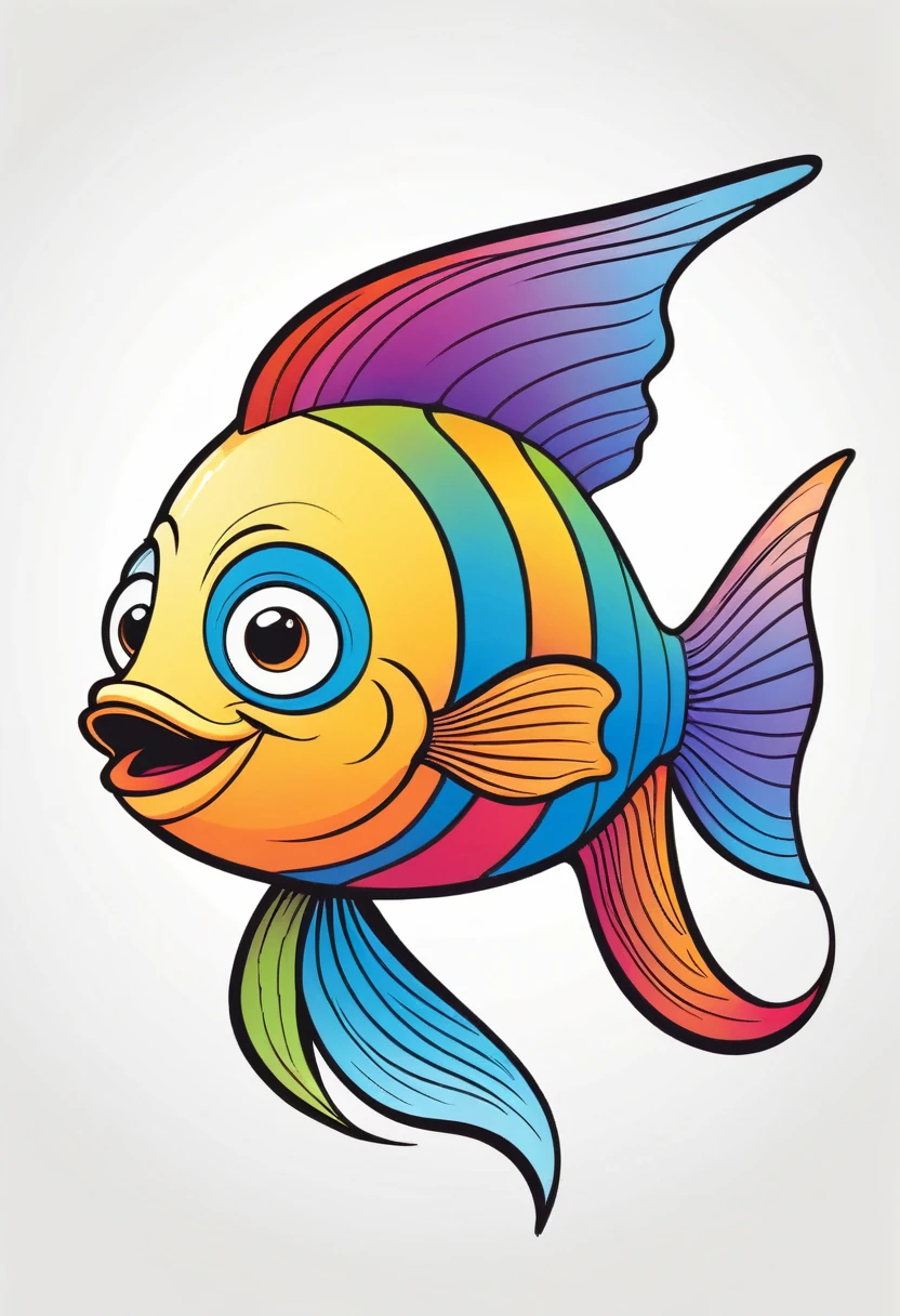 happy multicolored fish, Storybook style, outline, vector, white background