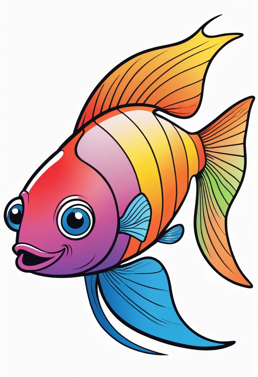 happy multicolored fish, Storybook style, outline, vector, white background