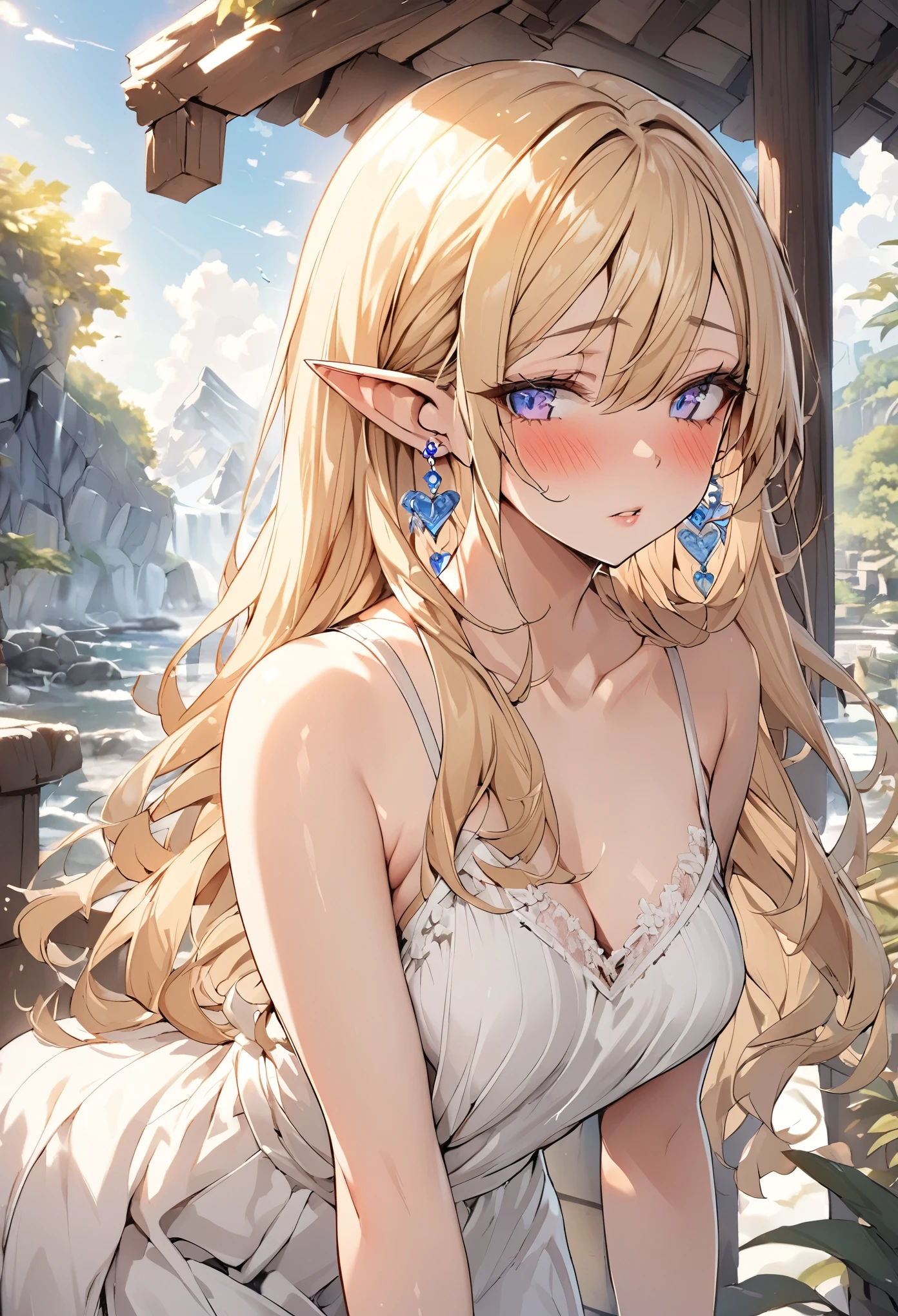 1 girl, Beautiful elf lady, blonde Long straight hair, upturn elf pointy ears, sexy figure, hot body, very beautiful face, detailed face, delicate eyes, detailed pupil, beautiful and delicate lips, blush, shy, heart, in love, white camisole long skirt, Simple and stylish, small crystal earrings, hand drawn animation, high detailed, outdoor, symmetrical clothes, best quality, masterpiece, retina,