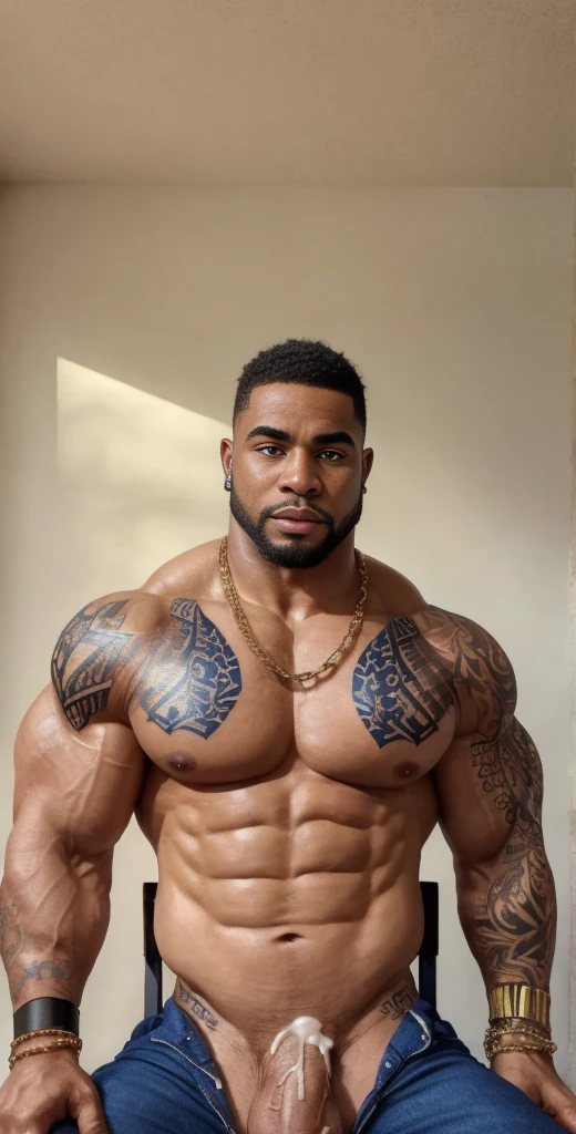 (masterpiece, intricately detailed, highest resolution, best quality:1.2), (doujin), a cocky African American Instagram influencer, buzz cut, a 36 y.o muscle dom with a muscular physique sitting on a chair with blue eyes,ntattoo, ((neckline_tattoo)), dark-skinned male, clean shaven, wearing a ((open jacket, big chains, chav, armbands)), ((excessive cum)) ((cum on body)) (cum drip), flaccid penis,saggy balls,hairy chest,vascular,muscle striations,soft light,fantastic realism, colth, hdsrmr