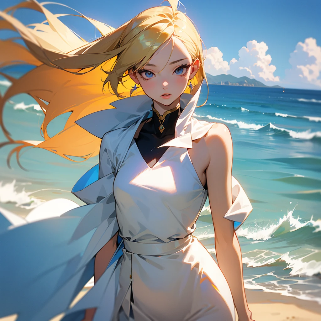 Manga art style, a young South Korean woman aged 24, she has a small, well-proportioned face with delicate features.
Her eyes are large and expressive, with double eyelids and a captivating gaze. Her nose is thin and well defined.
Her lips are full and well-drawn.
Her long, straight hair is a shade of blonde that matches her appearance.
Her skin is clear and smooth. Her body is of medium height and slim, with a graceful figure.
As she walks along the beachfront at sunset in Jeju, her blue-marine dress sways in the wind.