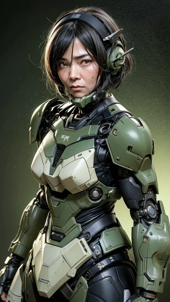 最high quality非常に詳細, Advanced Details, high quality, 最high quality, High resolution, 1080P, hard disk, beautiful,(War Machine),(Snug-fitting headgear),See the big picture,beautifulサイボーグ女性,Dark Green Mecha Cyborg Girl,Battle Mode,Mecha Body Girl 8k dark green body armor ((Japanese middle-aged woman)) Sweaty face Sweaty hair Brown eyes Droopy eyes short hair boyish Steam coming out of my head My hair is wet with sweat Black Hair, Steam coming out of the mouth Lying in bed The skin under the face is not exposed waiting (On all fours) asphyxia (Painful expression) Full body portrait