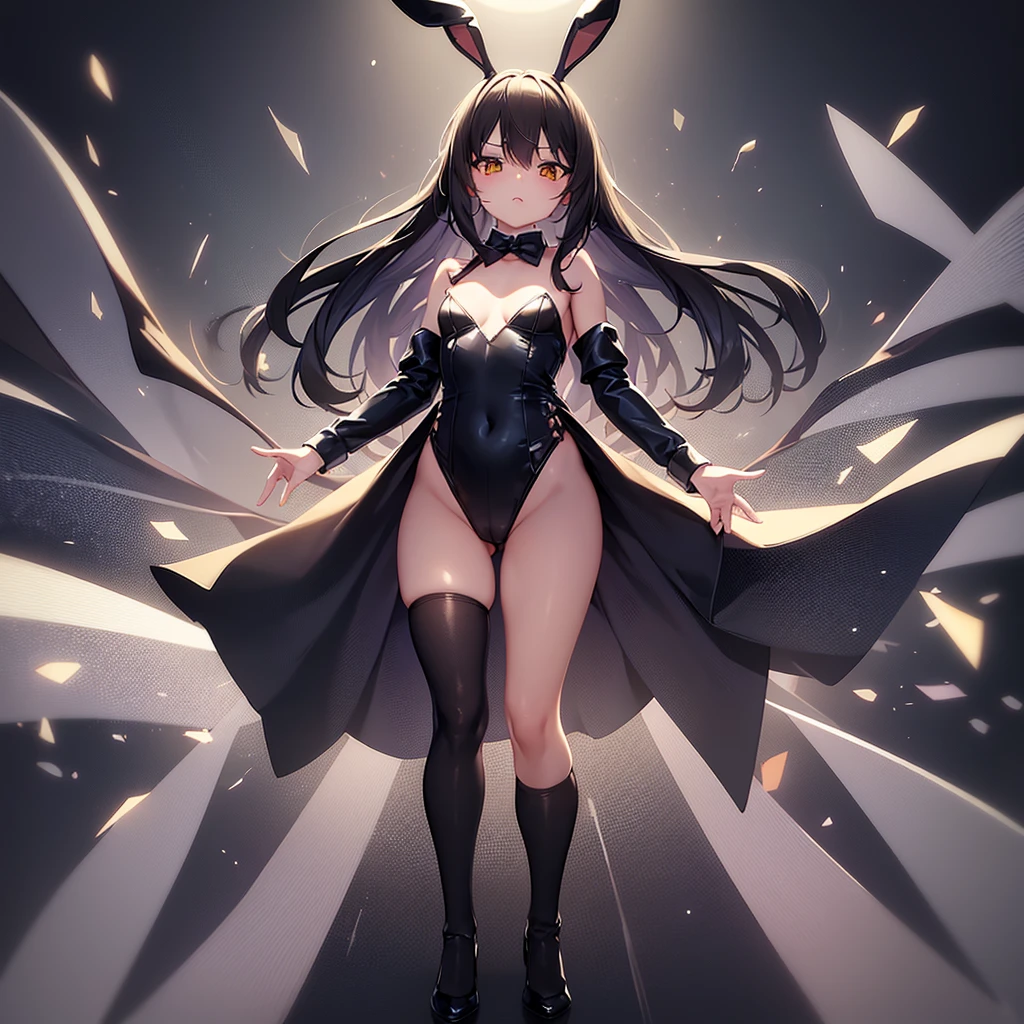 ((Bunny girl)),(((Revealing clothing))),Cute little ,Tiny ,Small girl,,Childish face, Very fine clean face,Top quality,Straight Hair,Black hair,(Dark Room), Subtle light, Natural light,Soft lighting,Light from directly behind,(Open your hands), (Are standing),Front view,Black background