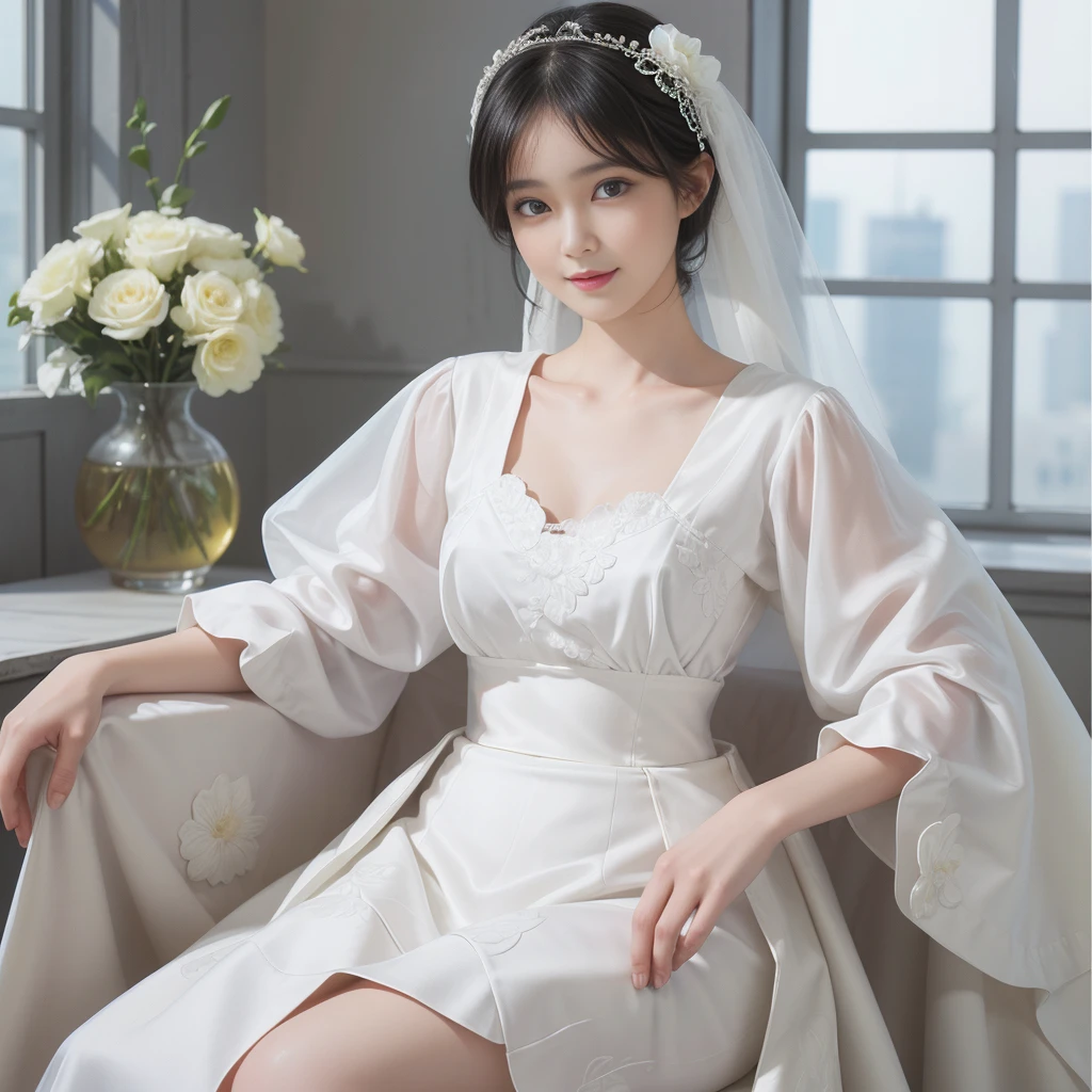 ((best picture quality)))、(8k quality)、((masterpiece))、(Very exquisite、Pretty white)、(wear a skirt)、(3 female)、(Short black hair)、dress up、With floral pattern,Soft silk fabric,light,Gentle expression,(Smile:1.3),((Chiaroscuro)),Luxurious interior window sill,((breast))