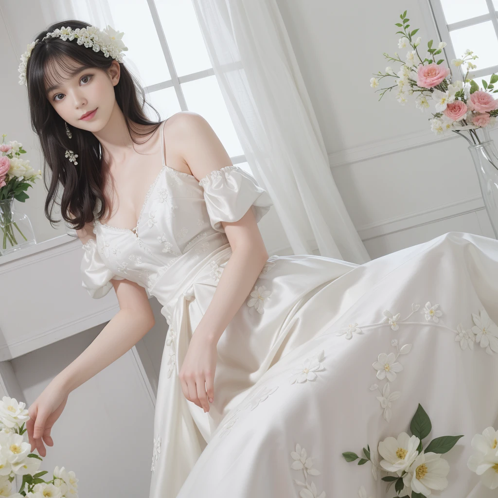 ((best picture quality)))、(8k quality)、((masterpiece))、(Very exquisite、Pretty white)、(wear a skirt)、(3 female)、(Short black hair)、dress up、With floral pattern，Soft silk fabric，light，Gentle expression，（Smile：1.3），（（Chiaroscuro）），Luxurious interior window sill，（（breast））