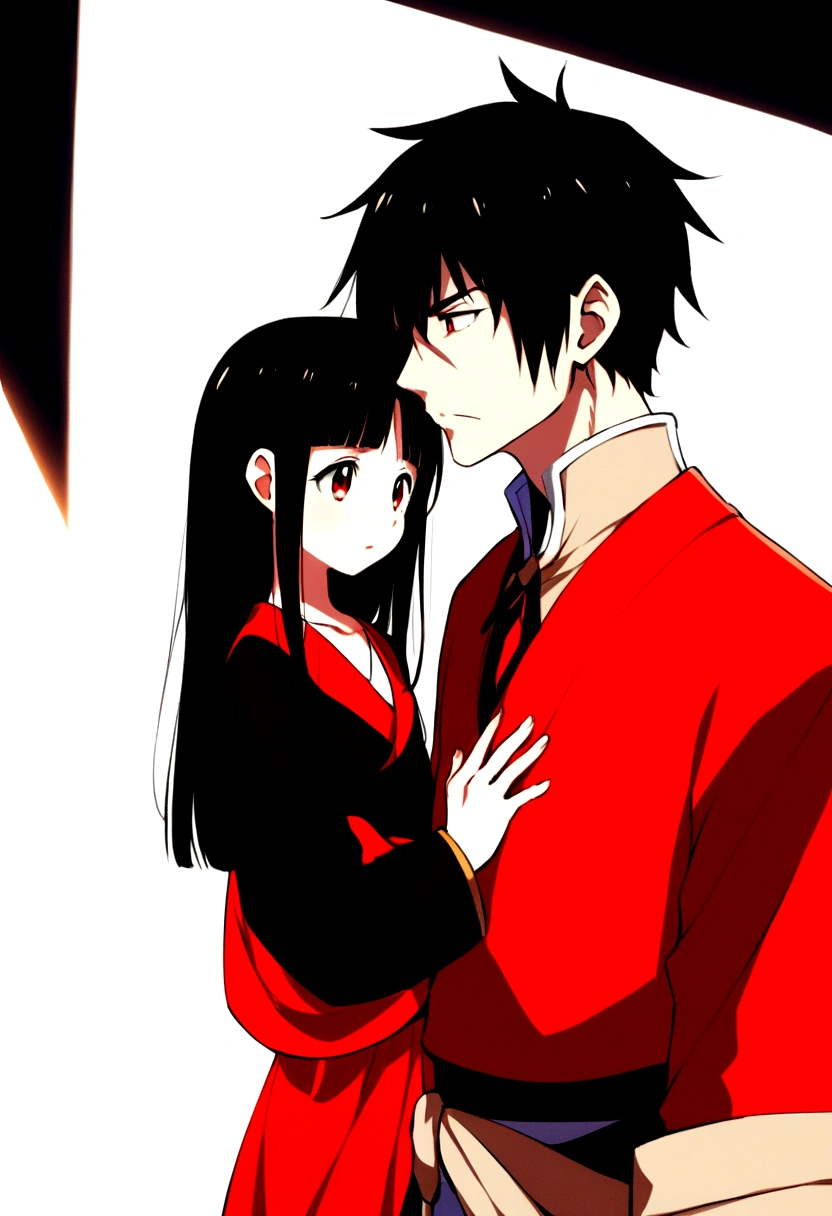father and daughter , Red and black clothes, and black hair, Red eyes, estilo Tate no yuusha