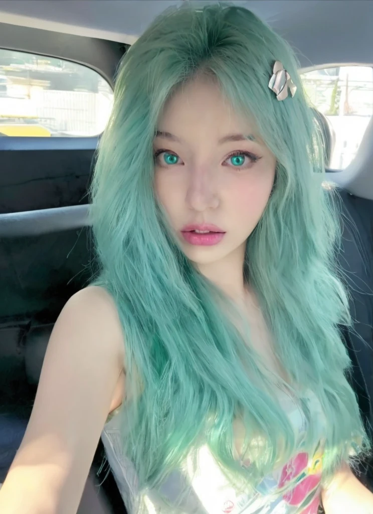 8K high quality,1 woman,Turquoise green hair:1.5,Look at the camera
