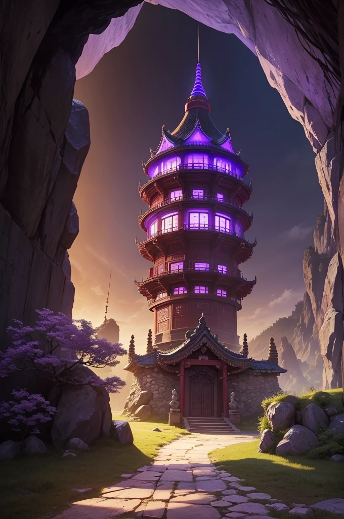 Giant Asian-Chinese style castle, inside a cave deep in the mountain there are a few streaks of purple light.