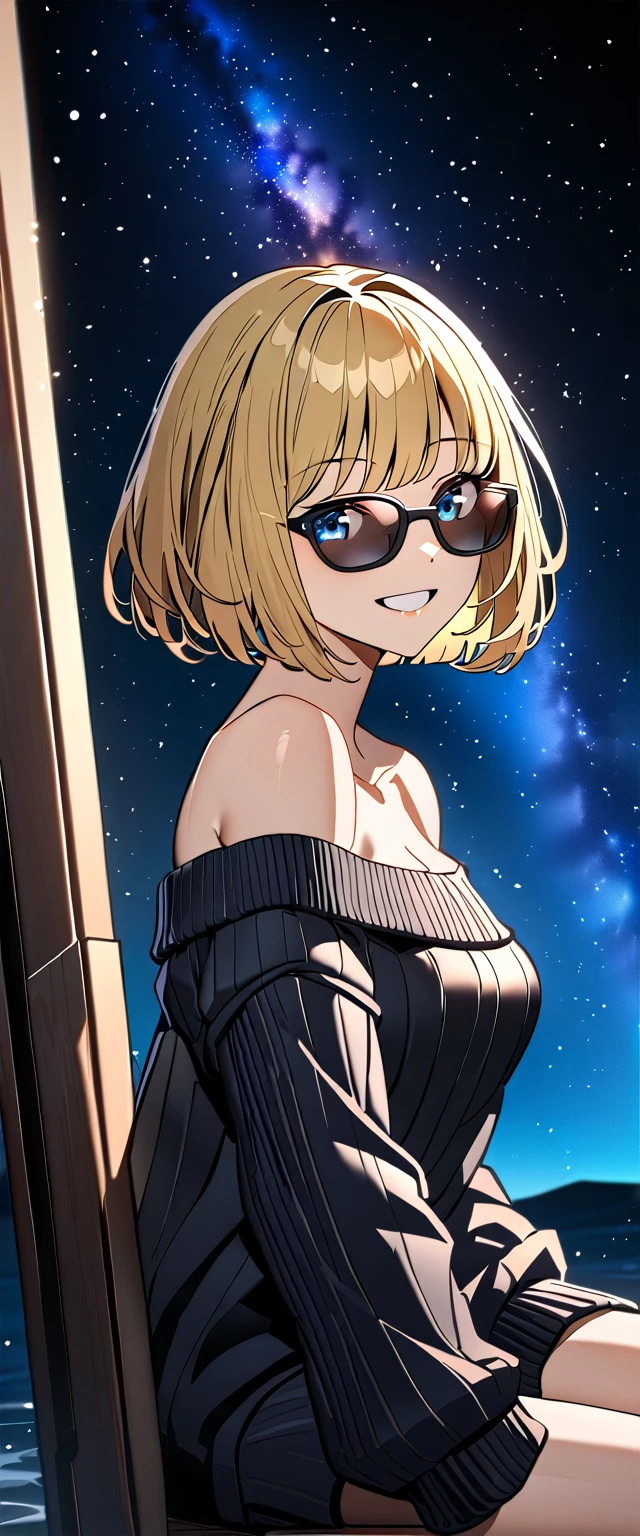 from side, ((grin)), sunglasses, hand to sunglasses, ((off-shoulder sweater:1.3, Quite thick shoulder straps)), ((black sweater)), ((Aran sweater)), (((from above))), ((((upper body)))), ((Leaning to side)), (((a beautiful starry sky, the Milky Way shining beautifully in the night))), ((sitting on the very high cliff)), wavy hair, inward curled hair, sea, ((blond hair, bob cut:1.3)), breasts, teenager, (looking at viewer), oversized clothes, puffy long sleeves, collarbone, head tilt:1.3, (((blue eyes))), happy smile, (((anime style))), (best quality, 4K, 8K, highres, masterpiece:1.2, ultra-detailed, ultra-detailed eyes, HDR, uhd, studio lighting, ultra-fine painting, sharp focus, physically-based rendering, extreme detail description, professional, vivid colors, bokeh)